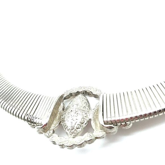 Silver-tone Flat Snake Chain with faux Gemstone & AB Rhinestones 16" Choker - Picture 9 of 13